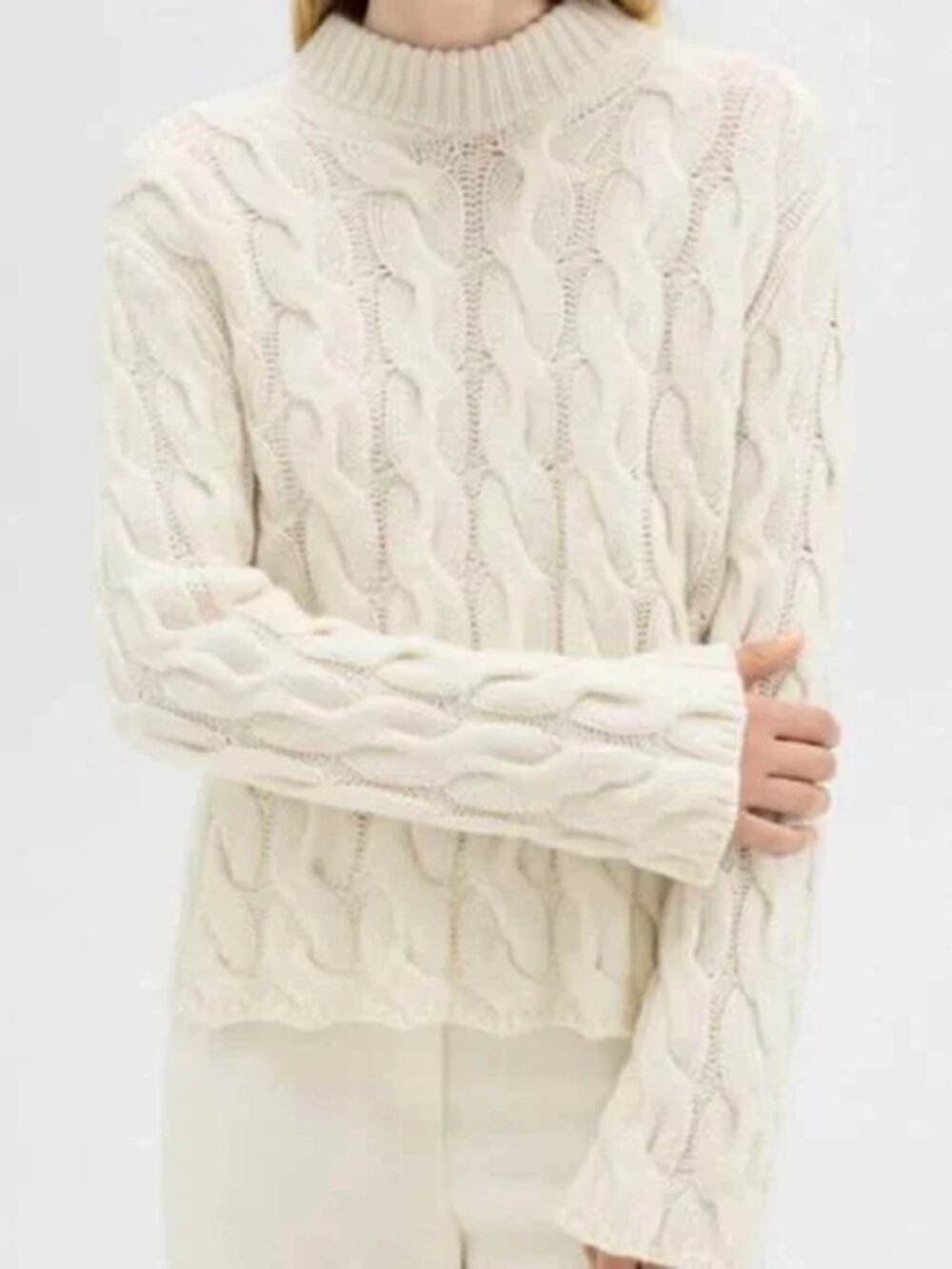 NWT Theory Ivory Felted Wool Cashmere Cable Knit Mock Neck Long Sleeve Sweater M